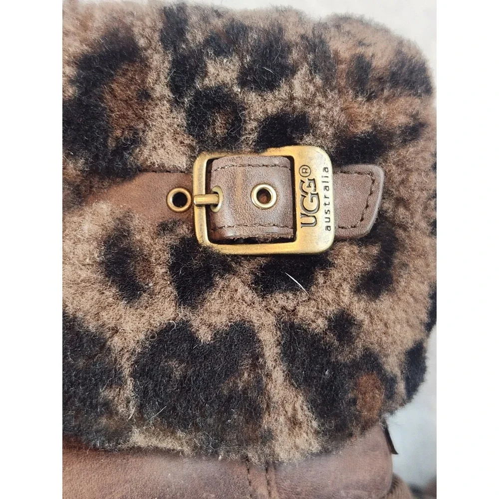 UGG Boots Kids Size 10 Brown Leopard Print Leather Buckle Winter Boots